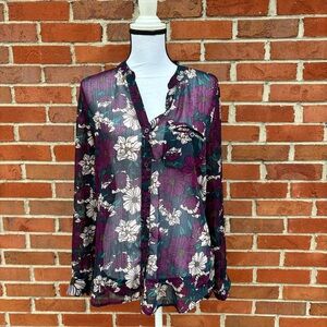 Kut From The Kloth Purple & Green Sheer Print Floral Button-Up Blouse Medium